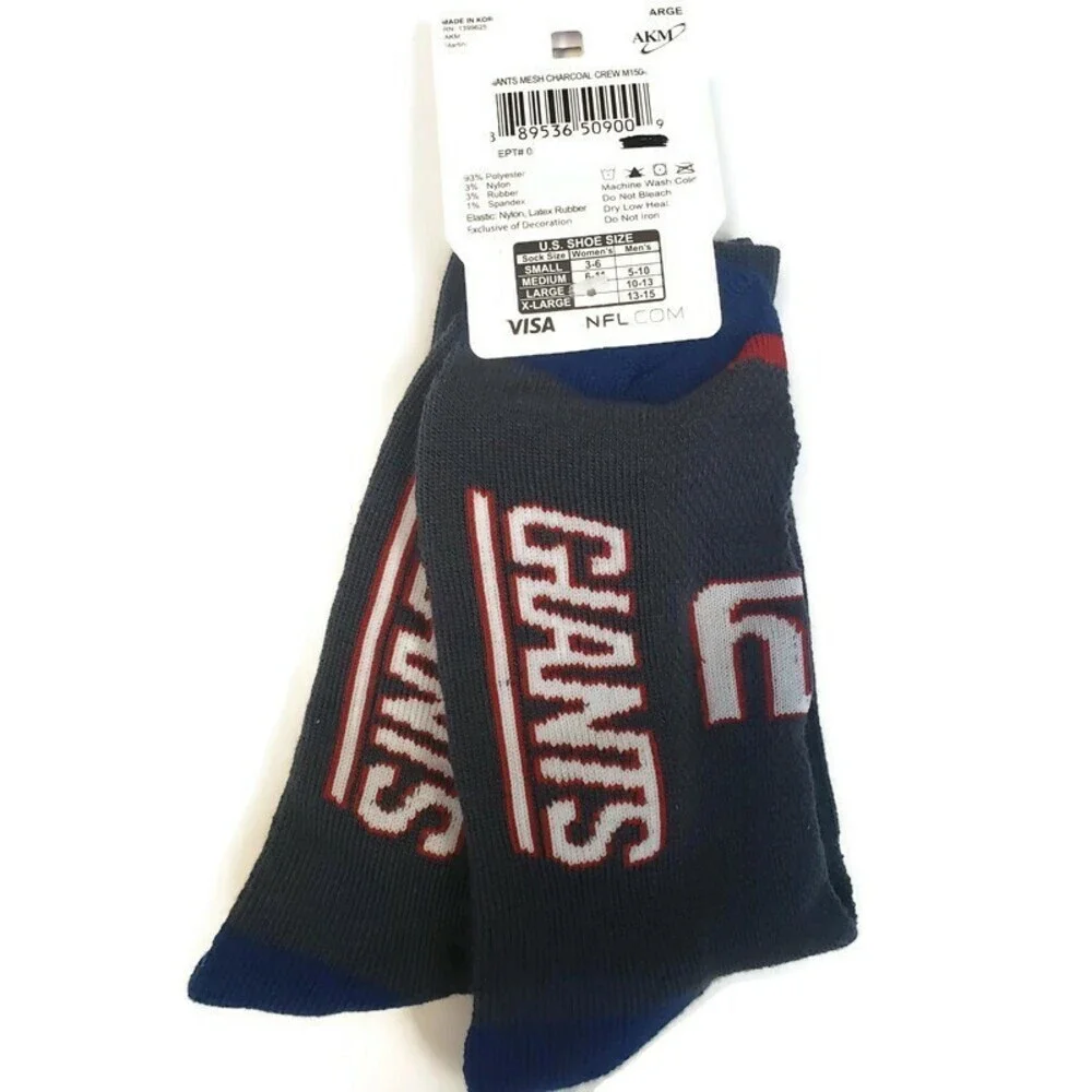 NFL Size Mens Large 10-13 New York Giants Mesh Charcoal Casual Crew Mens Socks